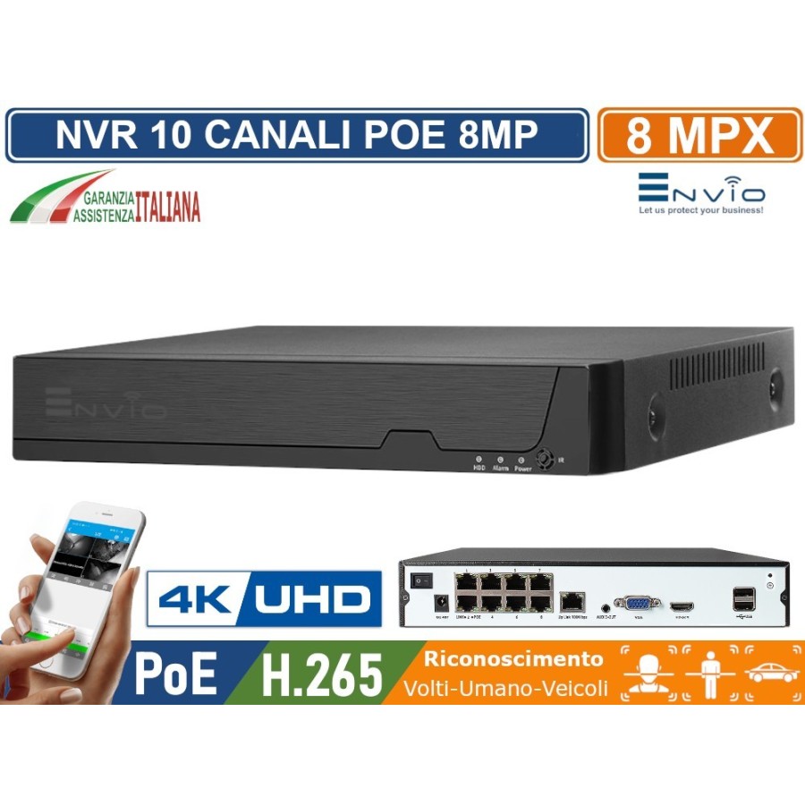 NVR 10 CANALI 8 CANALI POE + 2 IP 8 MEGAPIXEL 4K ULTRA HD