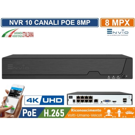 NVR 10 CANALI 8 CANALI POE + 2 IP 8 MEGAPIXEL 4K ULTRA HD