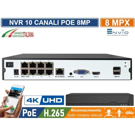 NVR 10 CANALI 8 CANALI POE + 2 IP 8 MEGAPIXEL 4K ULTRA HD