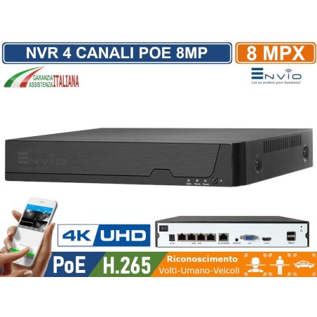 NVR 4 CH CANALI POE 4K ULTRA HD 8 MEGAPIXEL