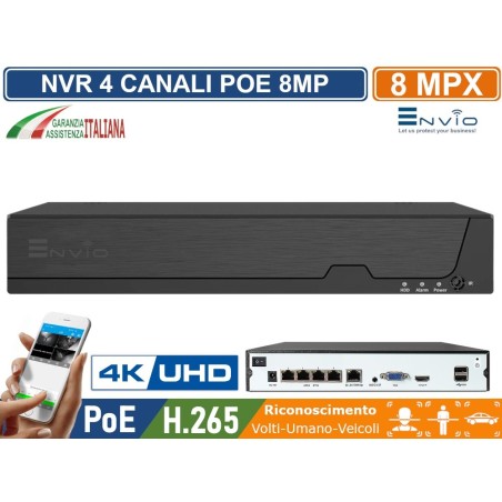 NVR 4 CH CANALI POE 4K ULTRA HD 8 MEGAPIXEL