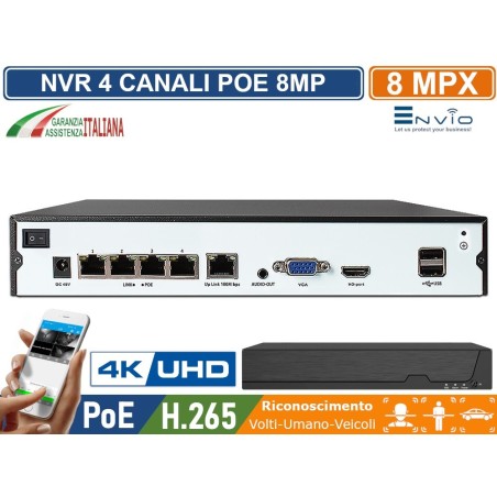 NVR 4 CH CANALI POE 4K ULTRA HD 8 MEGAPIXEL