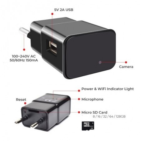 Micro camera Wifi P2P Full HD in Alimentatore 5V USB con Motion Detection